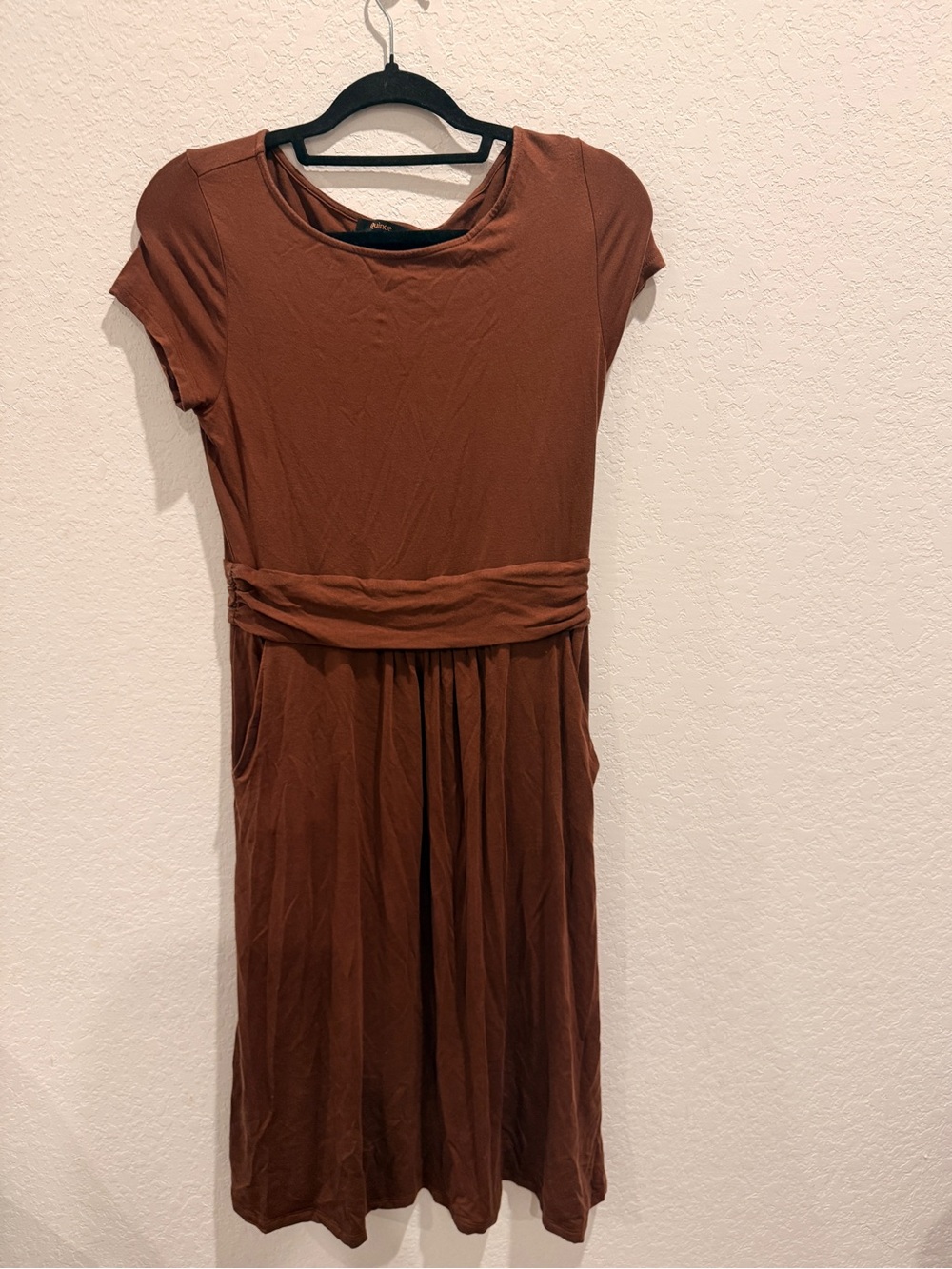 Quince Rust Brown Short-Sleeve Belted Midi Dress